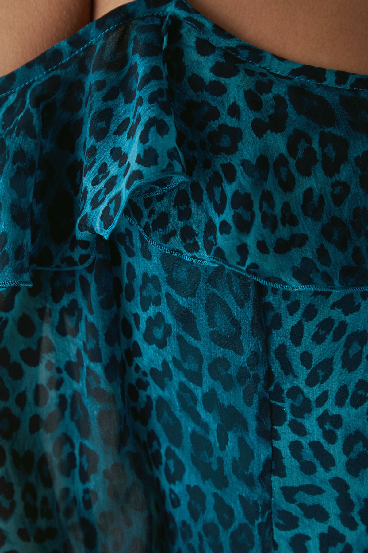 Warehouse Petite Chiffon Ruffle Cold Shoulder Midi Dress Leopard image 5