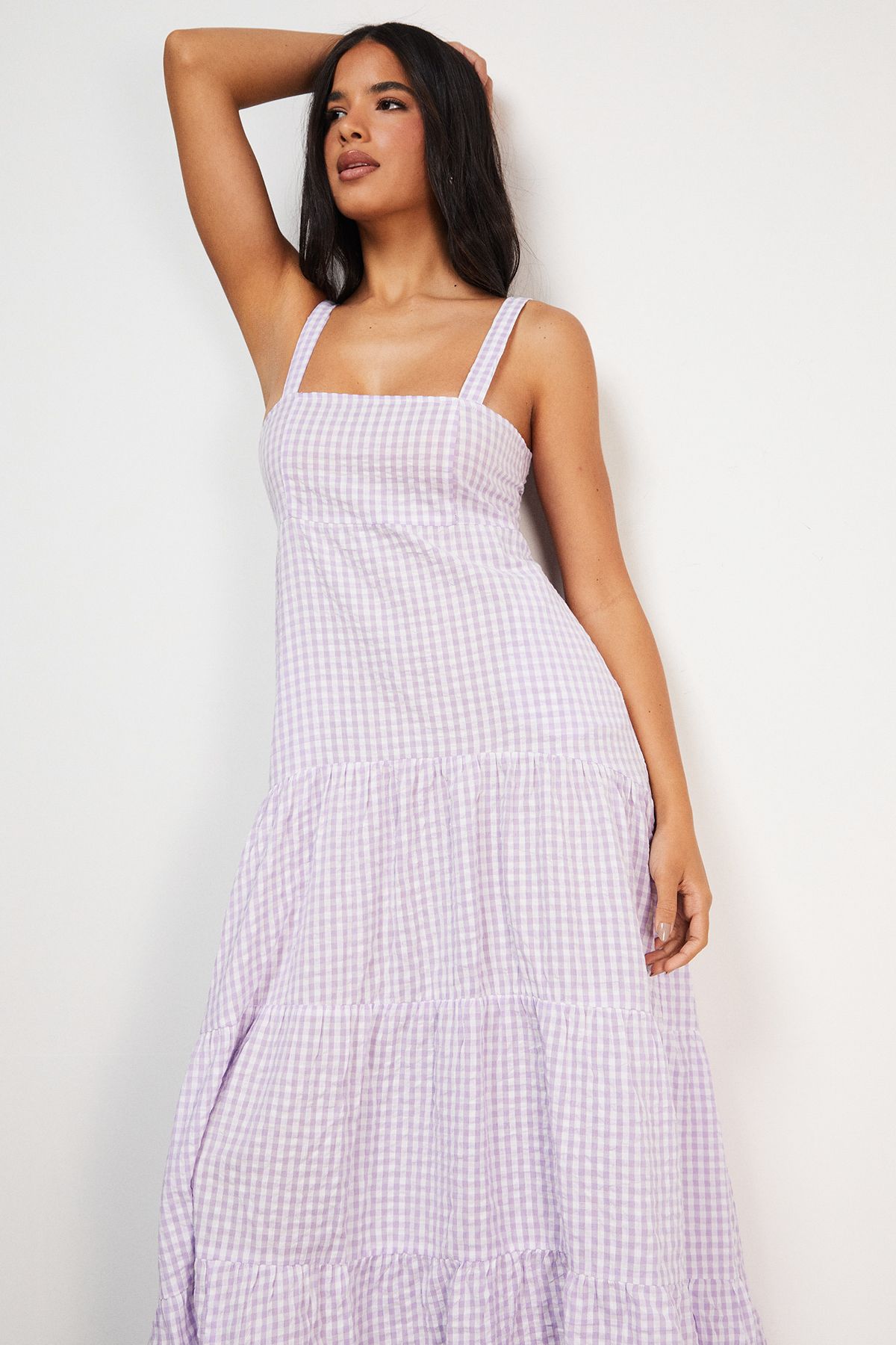 Warehouse Seersucker Check Strappy Tie Back Tier Midi Sundress Lilac image 2
