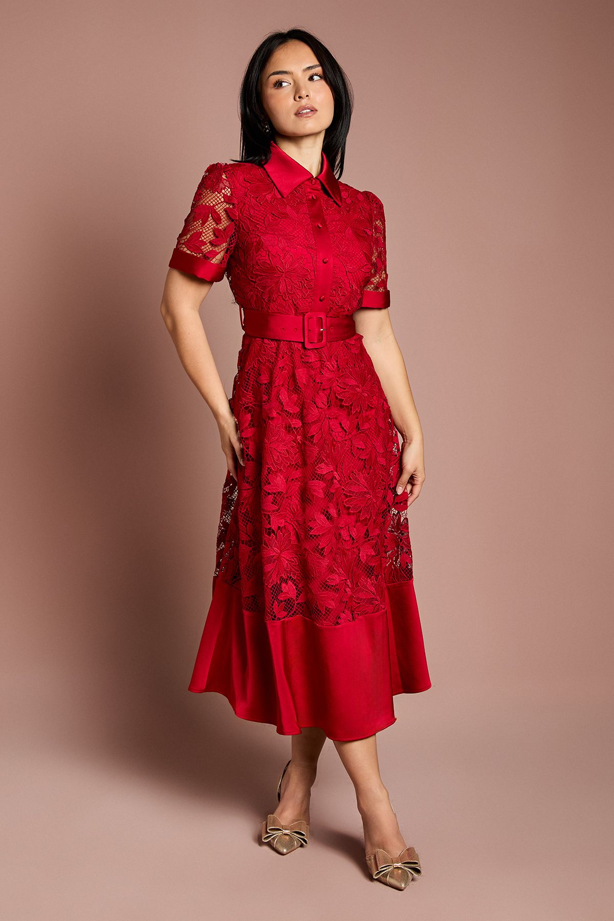 Coast Petite Satin Trim Lace Shirt Midi Dress Red image 1