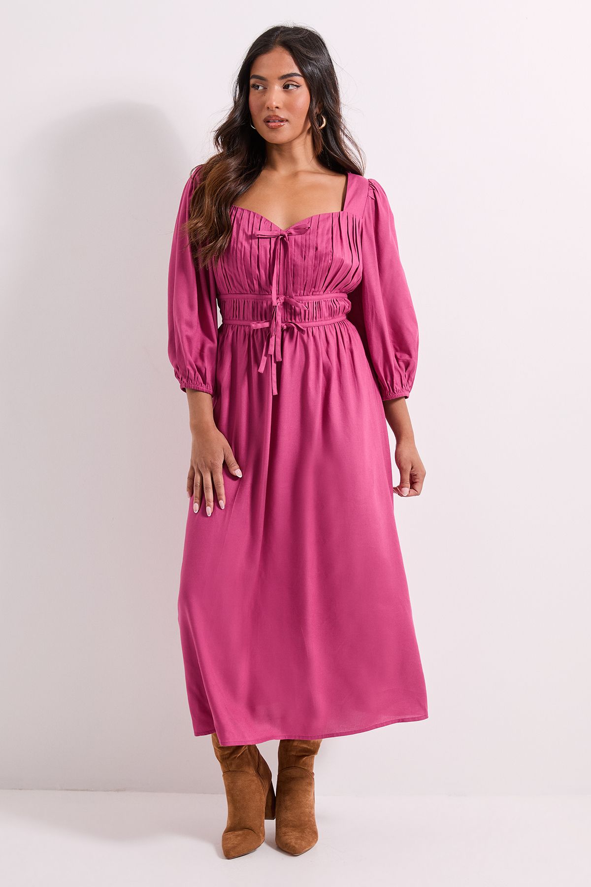 Dorothy Perkins Petite Shirred Bodice Tie Detail Sweetheart Midi Dress Rose image 1