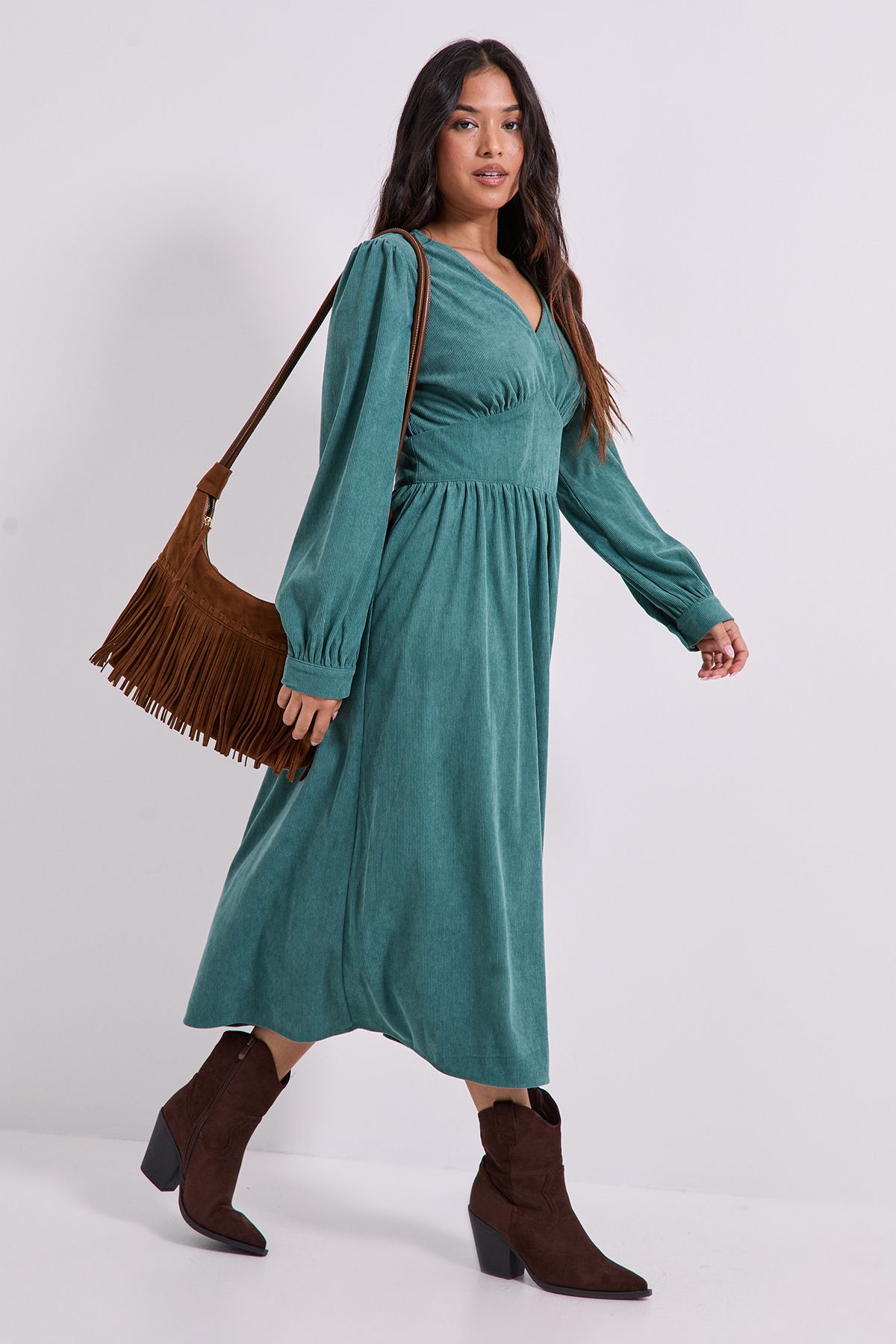 Dorothy Perkins Petite Empire Seam Detail Blouson Sleeve Midi Dress Green image 2