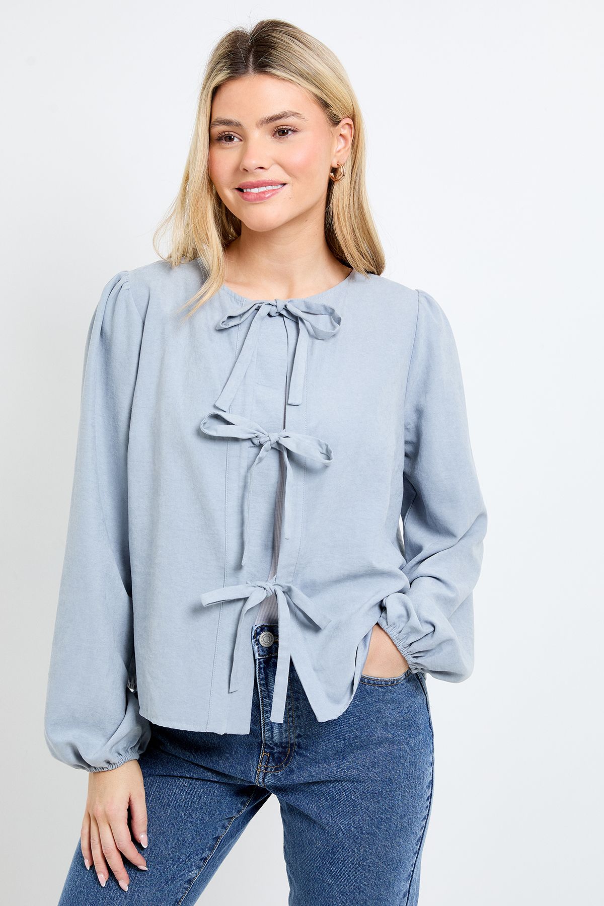 Dorothy Perkins Tie Front Blouson Sleeve Blouse Blue