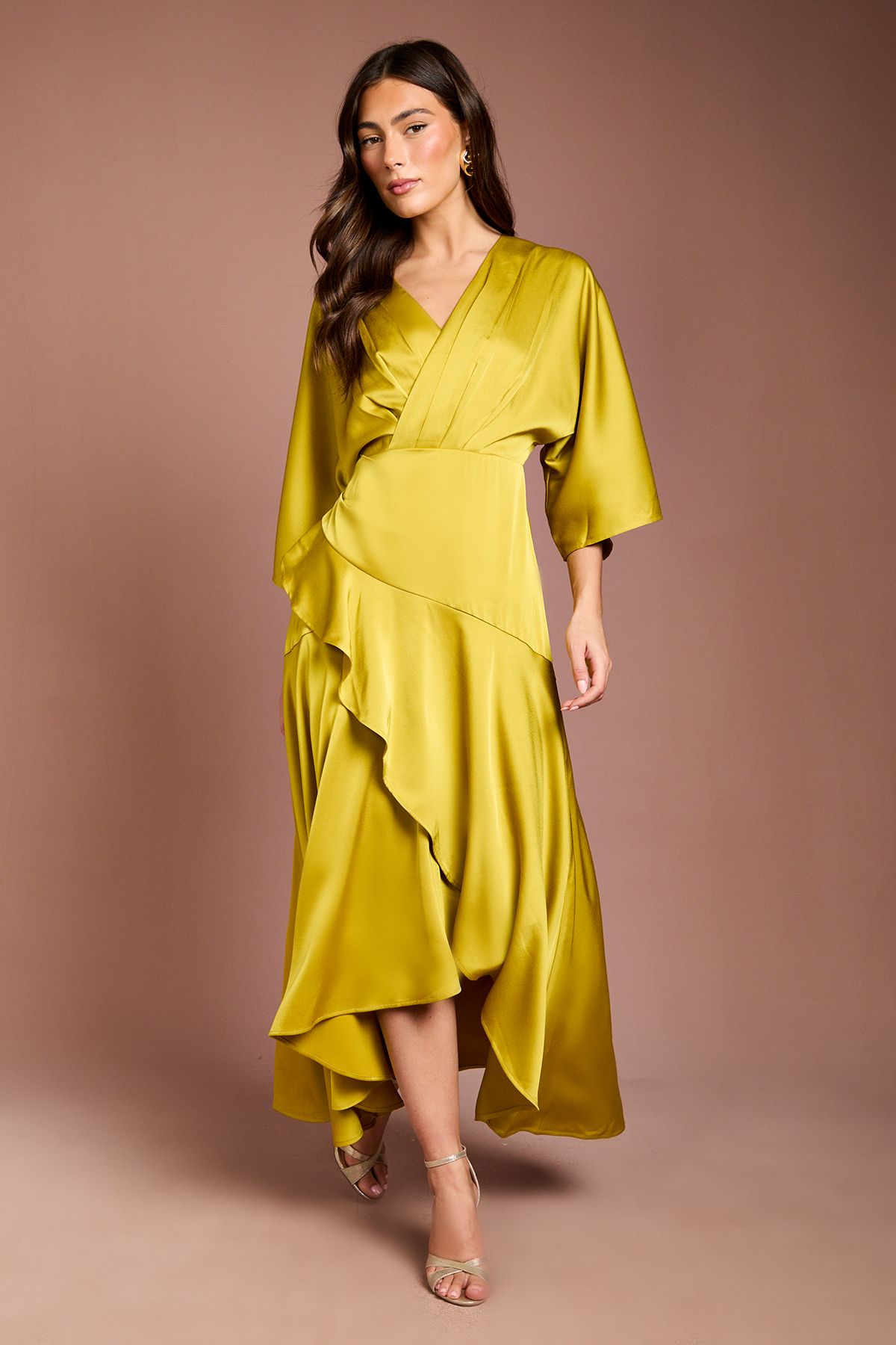 Coast Satin Back Crepe Ruffle Wrap Midi Dress Olive