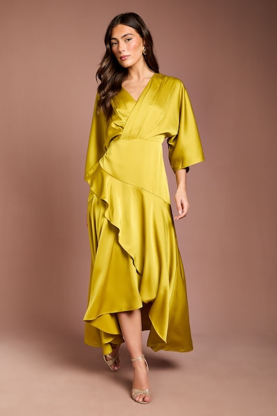 Coast Satin Back Crepe Ruffle Wrap Midi Dress Olive