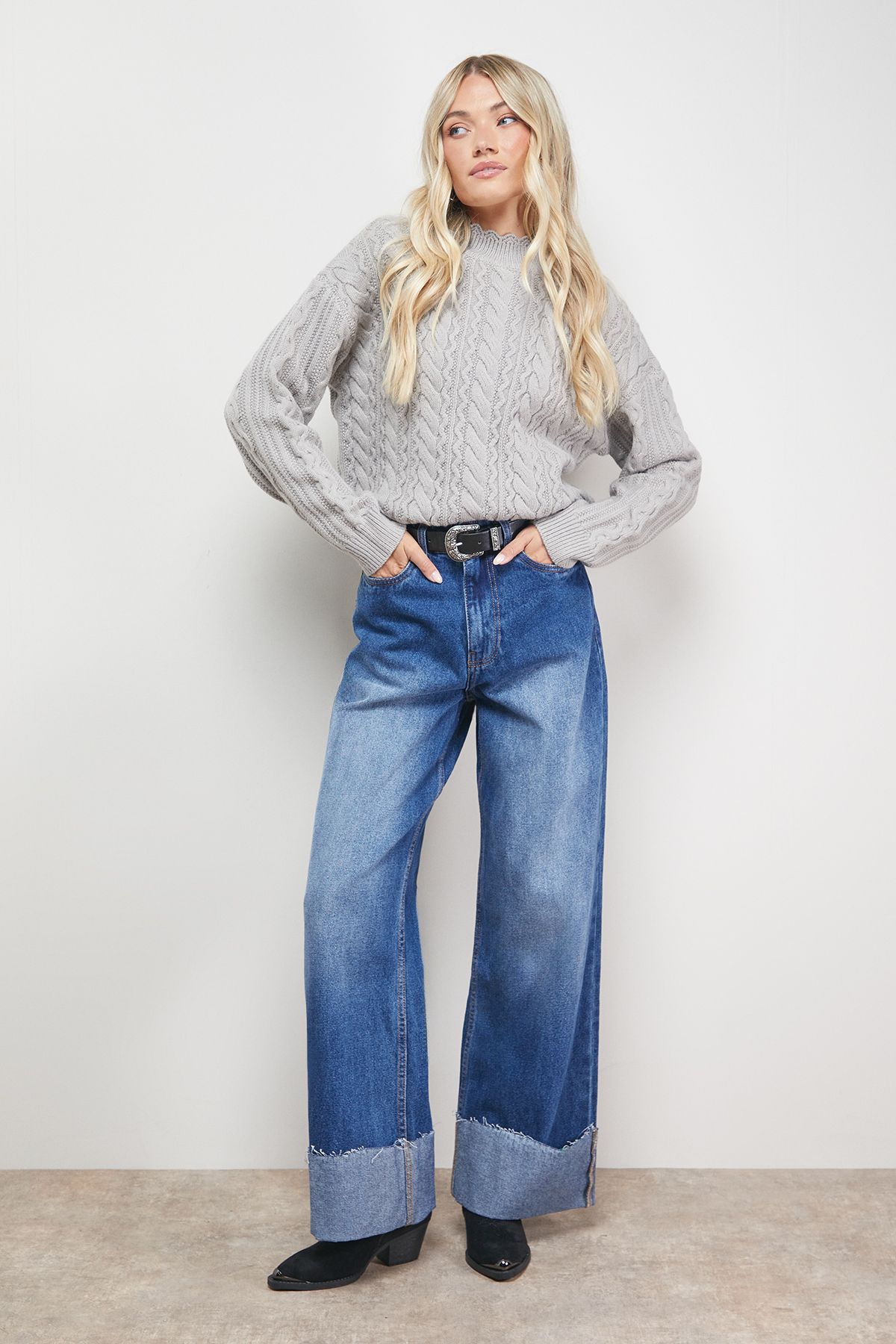 Oasis Wavy Cable Detail Scalloped Neck Jumper Grey image 1