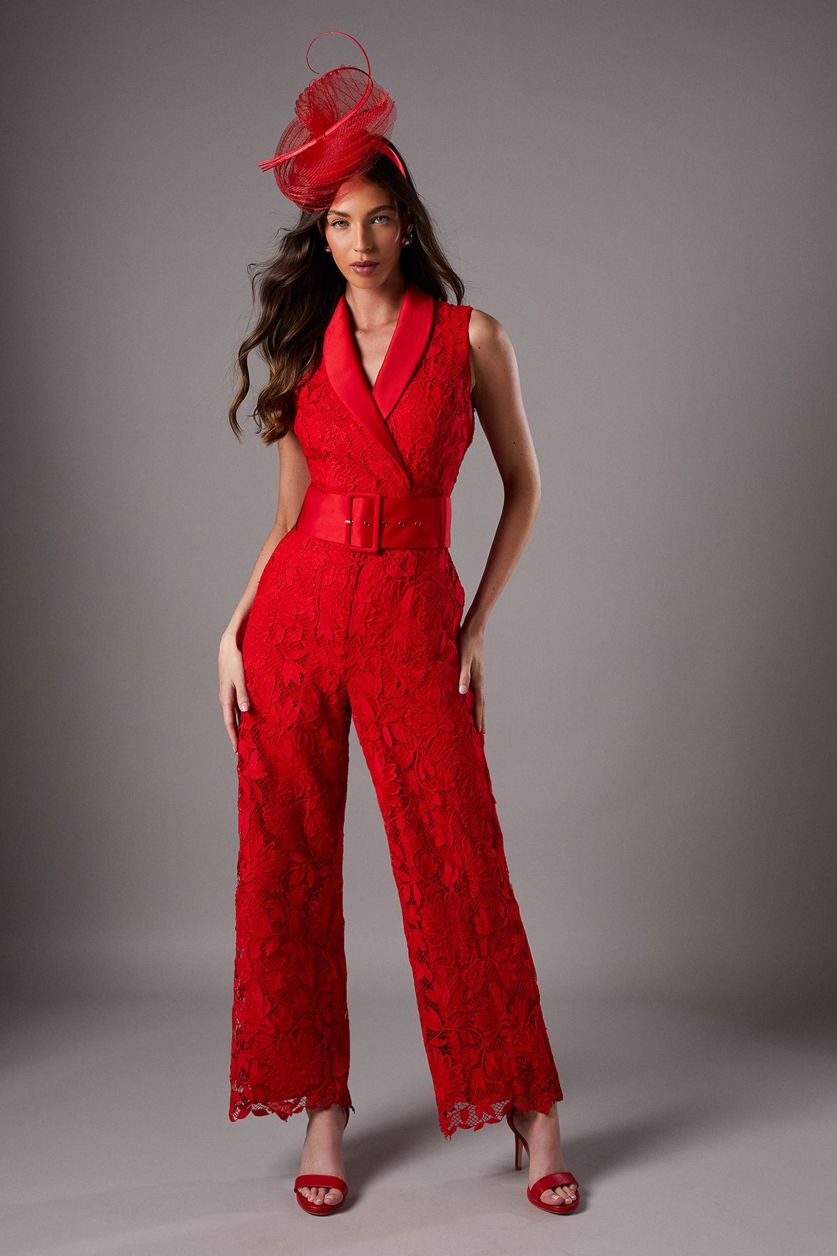 Coast Red Lisa Tan Lace Belted Jumpsuit PLT