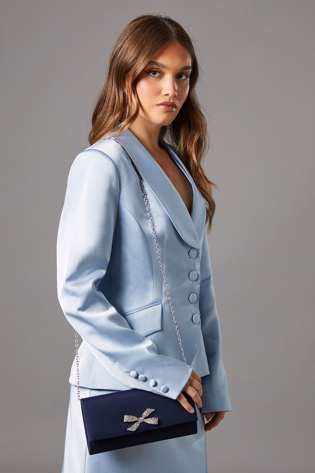 Coast Galaxy Satin Diamante Bow Brooch Clutch Bag Navy image 1