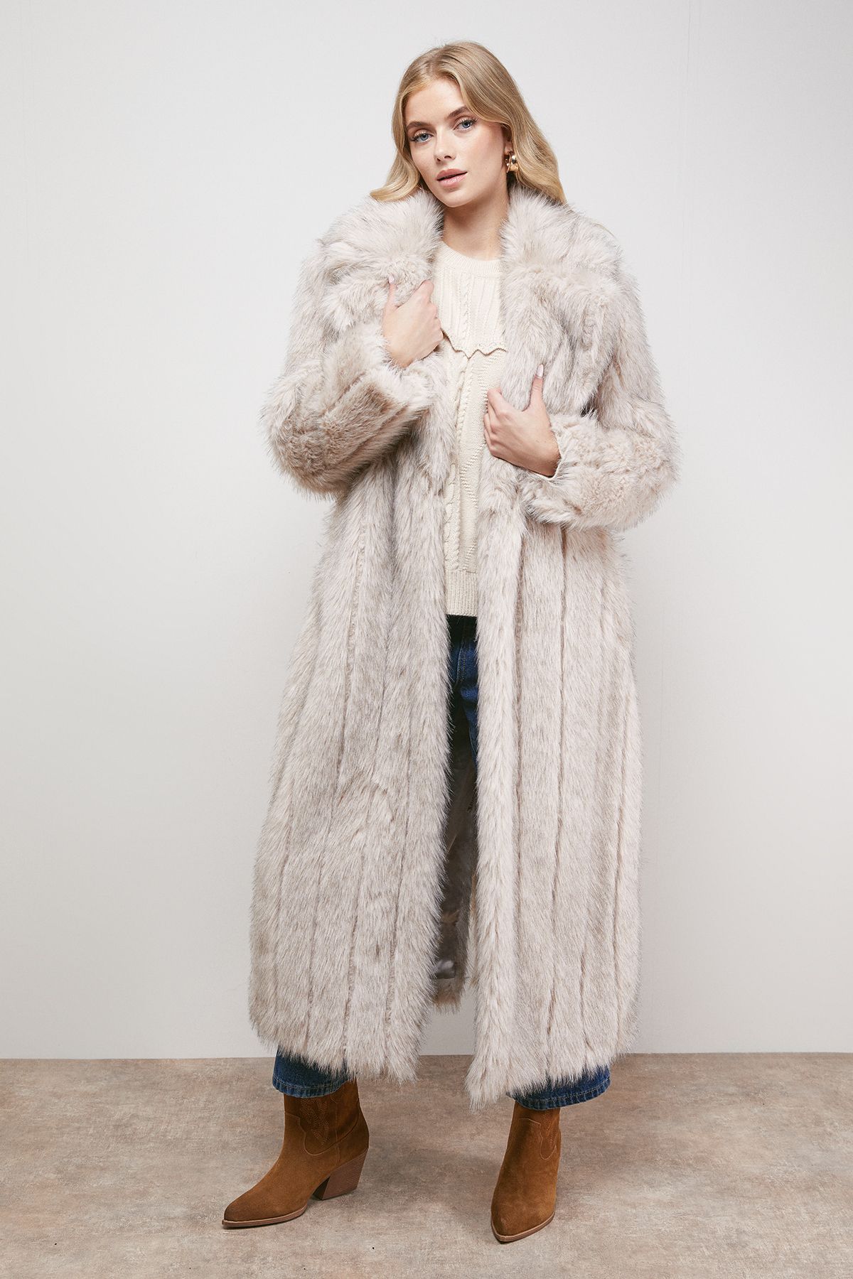 Oasis Belted Faux Fur Maxi Coat Natural image 2