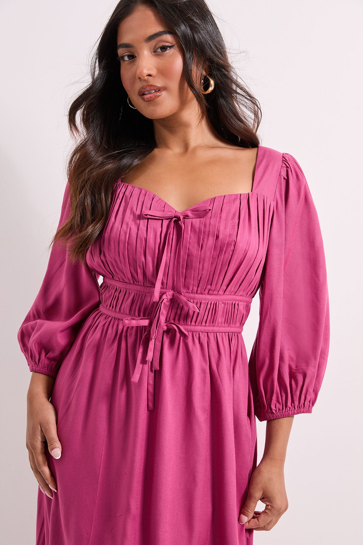 Dorothy Perkins Petite Shirred Bodice Tie Detail Sweetheart Midi Dress Rose image 4