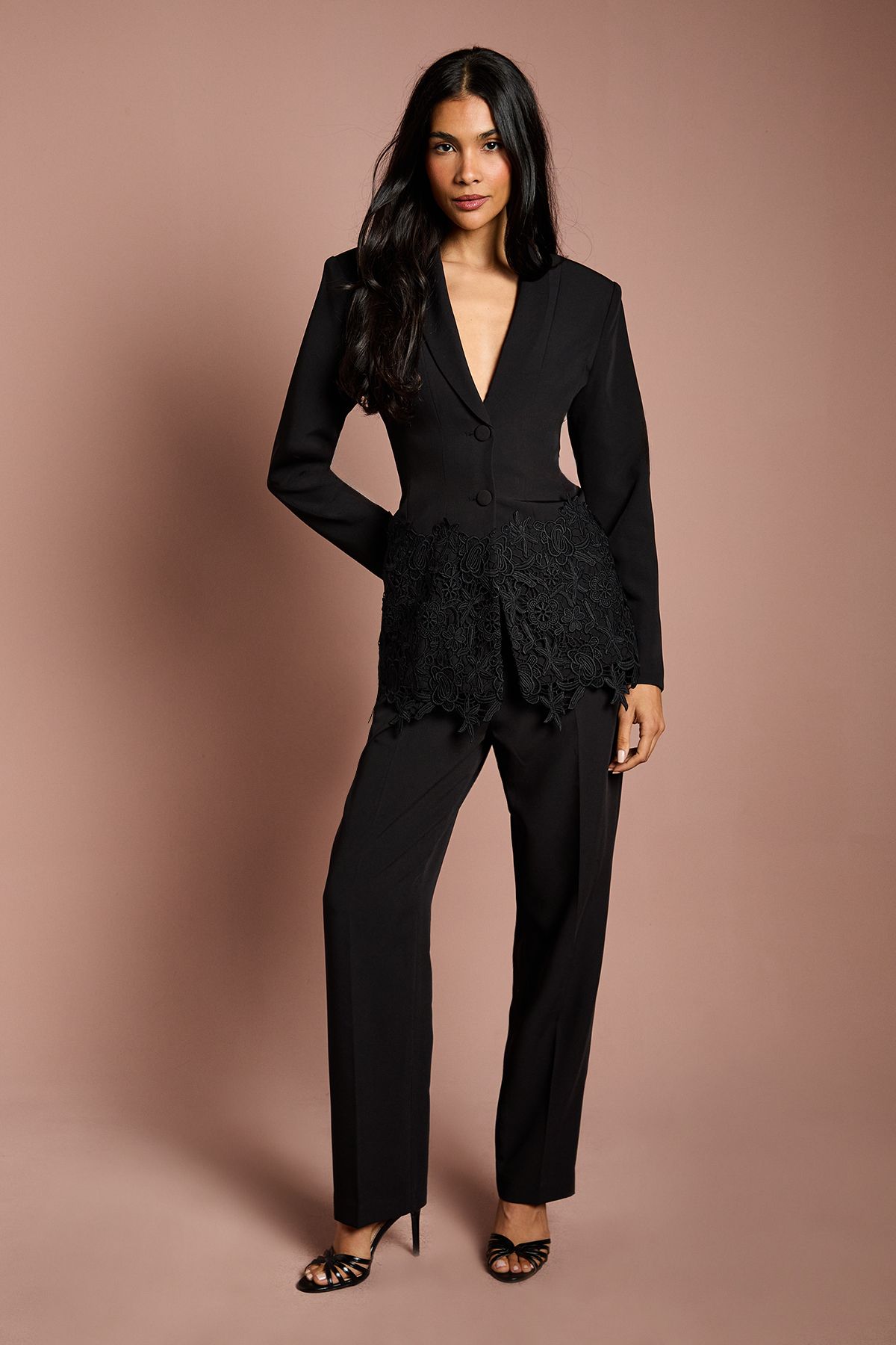 Coast Single Breasted Lace Trim Fitted Blazer Black image 1