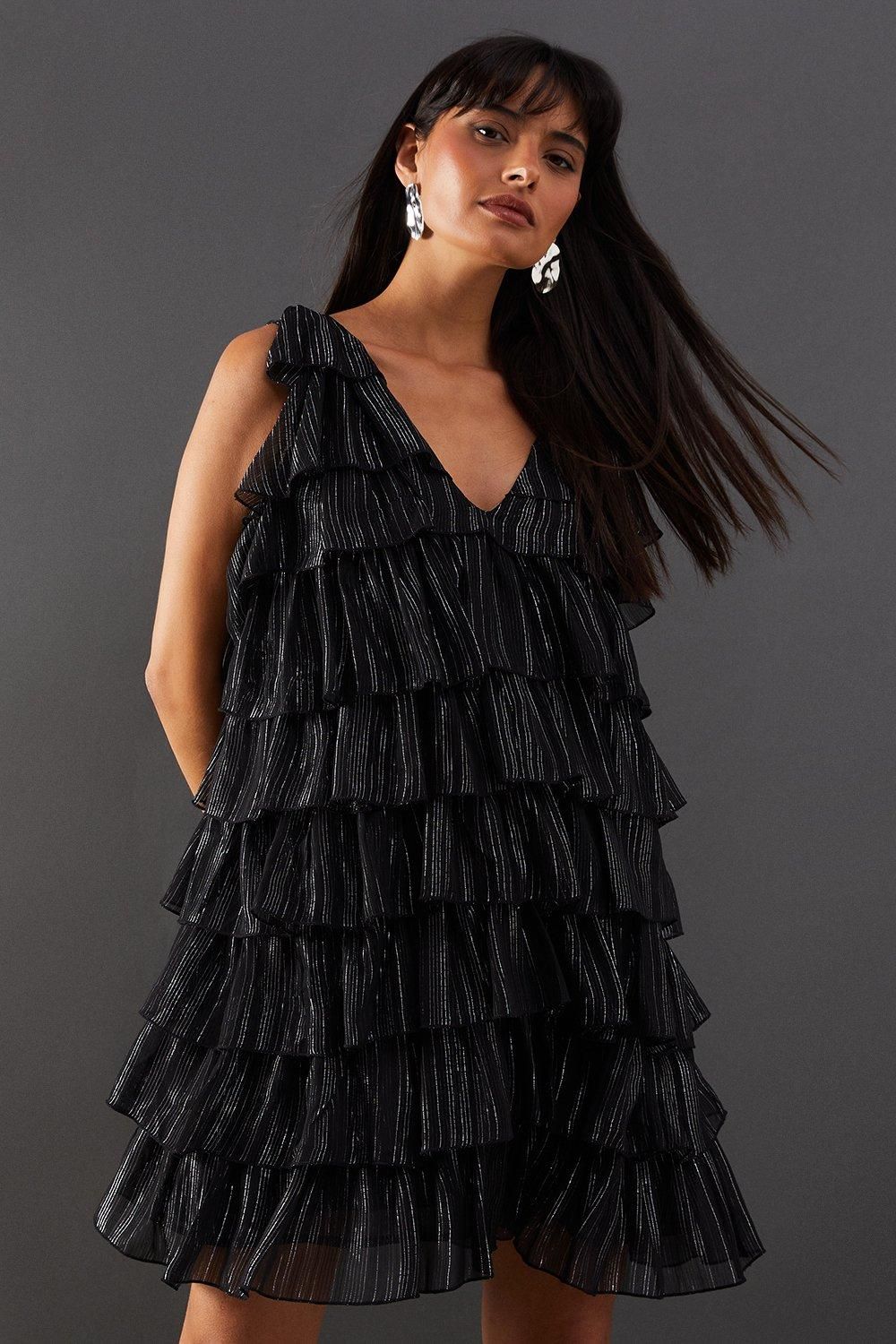Warehouse Metallic Stripe Multi Frill V Neck Mini Dress Black image 2