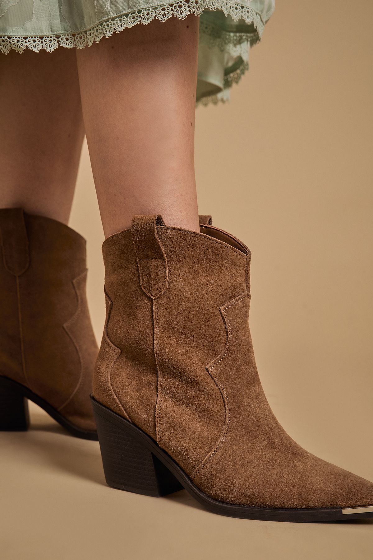 Oasis Tammy Real Suede Metal Trim Western Ankle Boots Mocha image 1