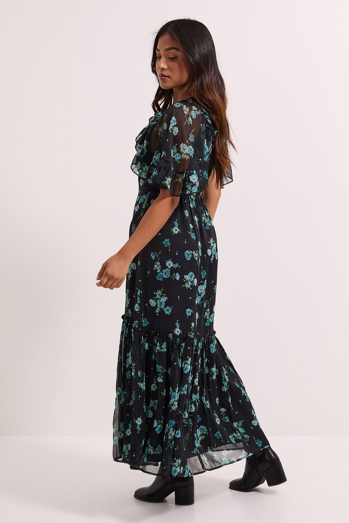 Dorothy Perkins Petite Green Floral Frill Cape Sleeve Tiered Printed Chiffon Midi Dress Green image 4