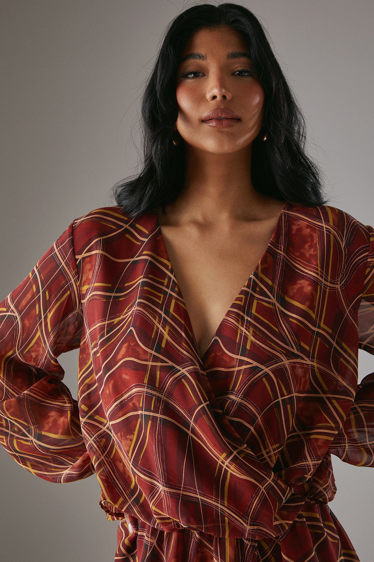 Warehouse Chiffon Wrap Drop Waist Mini Dress Dark Red image 3