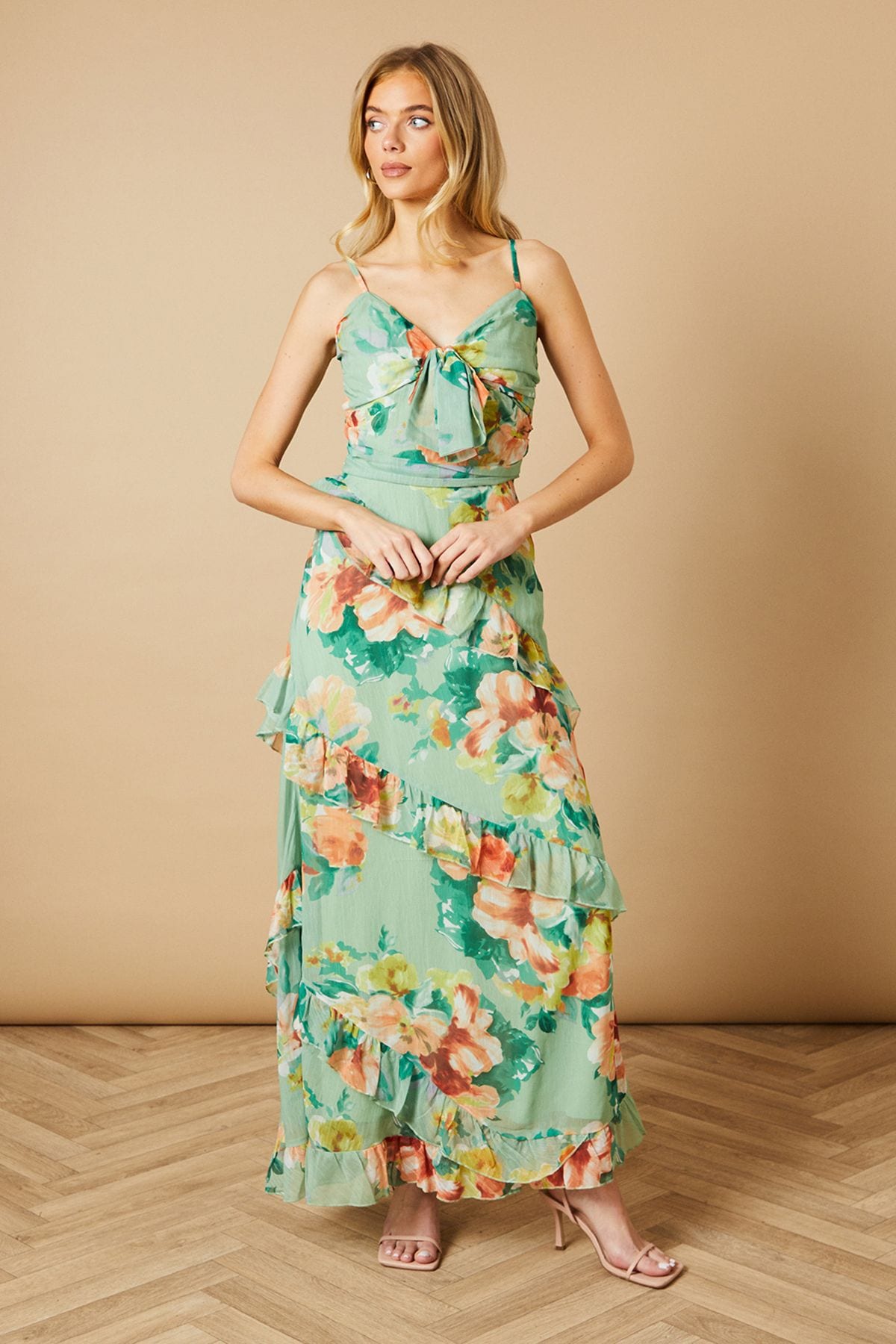 Oasis Floral Waist Detail Ruffle Midi Dress Green image 1