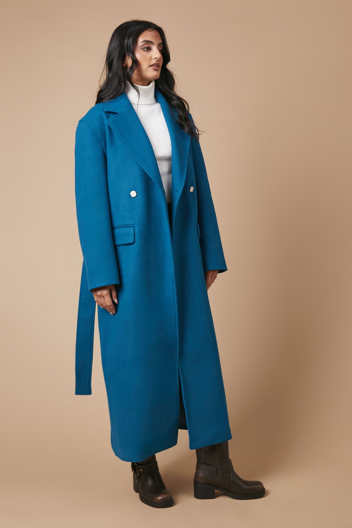 Oasis Button Detail Maxi Belted Wrap Coat Teal image 2