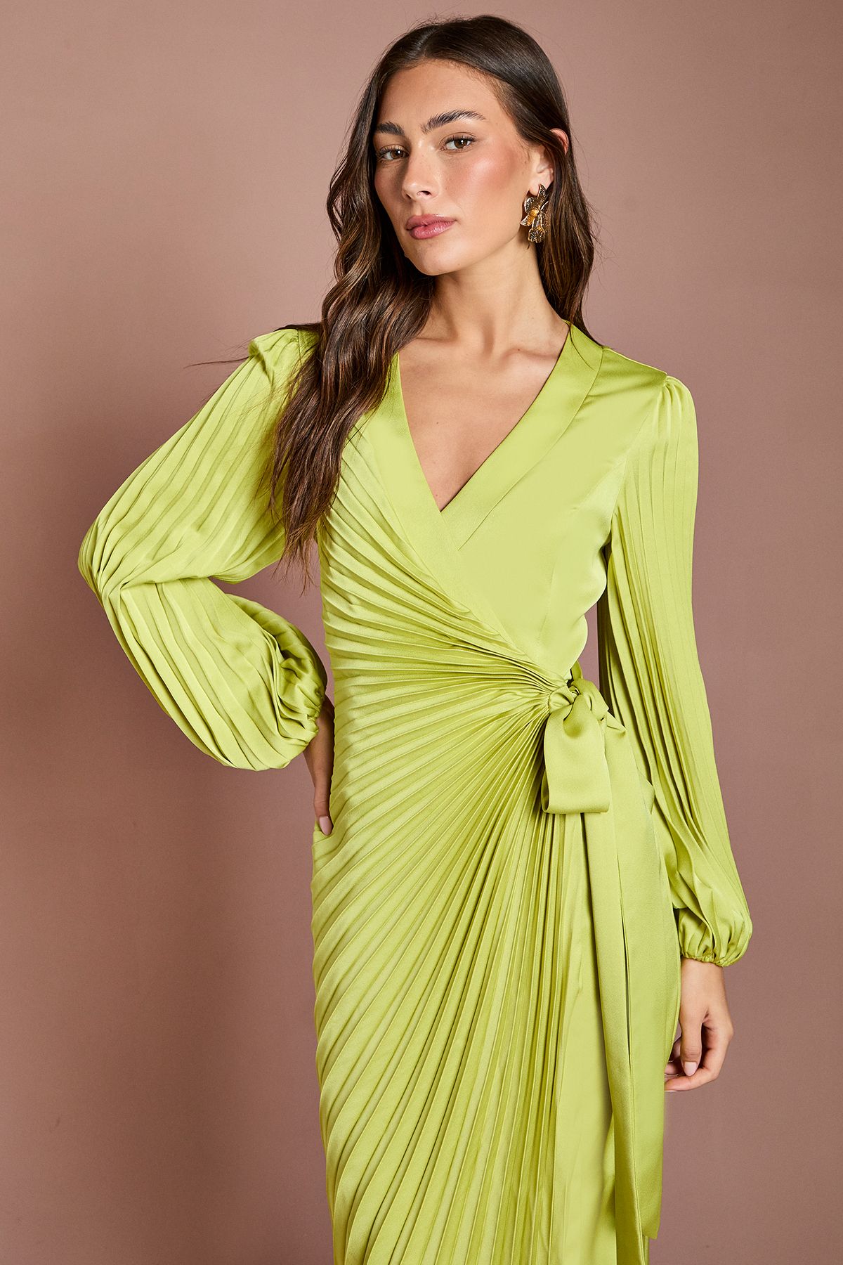Coast Satin Pleated Wrap Dress Lime image 2