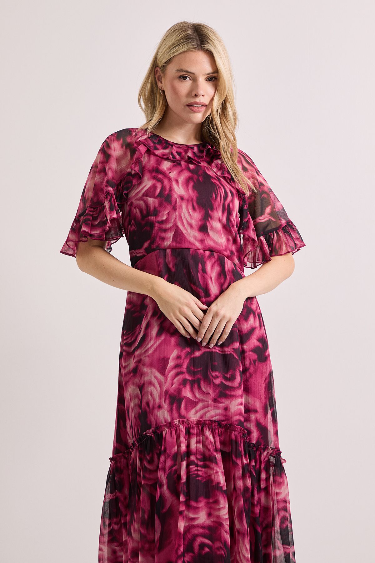 Dorothy Perkins Burgundy Floral Frill Cape Sleeve Tiered Printed Chiffon Midi Dress Burgundy image 2