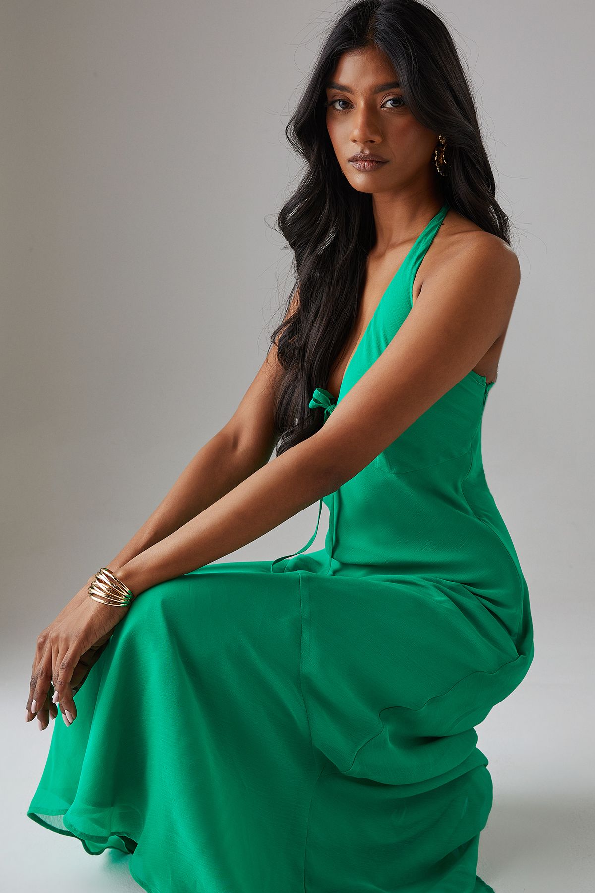 Warehouse Chiffon Bias Tie Front Low Back Halter Midi Dress Bright Green image 4