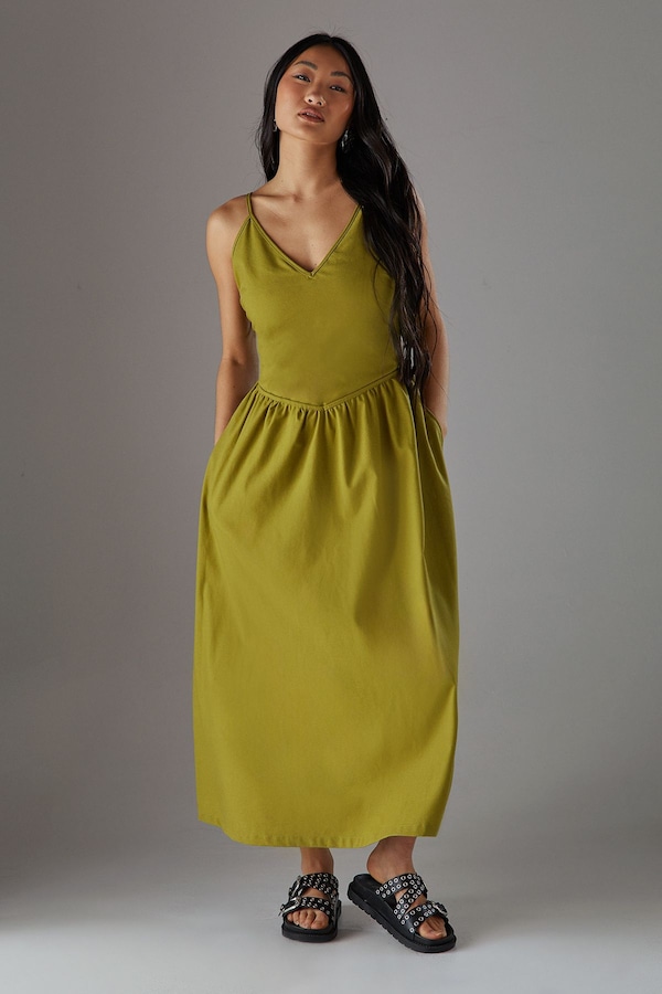 Warehouse Petite Linen Blend Plunge Neck Midi Sundress Olive