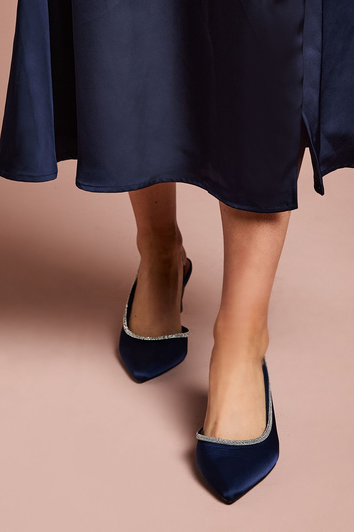 Coast Wide Fit Sabrina Satin Diamante Trim Slingback High Stiletto Court Shoes Navy image 3