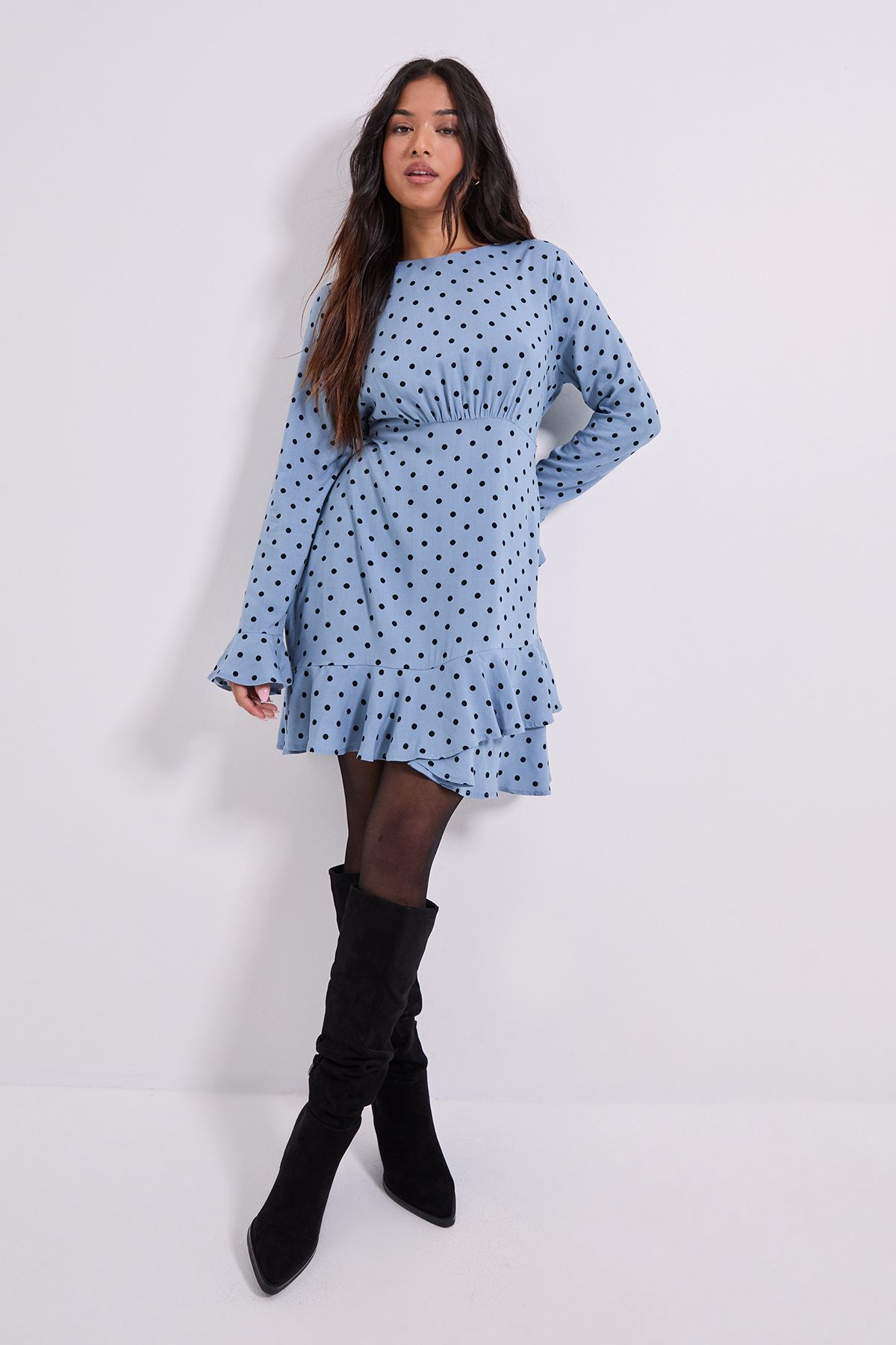 Dorothy Perkins Petite Ruffle Sleeve Frill Detail Printed Mini Dresss Blue image 1