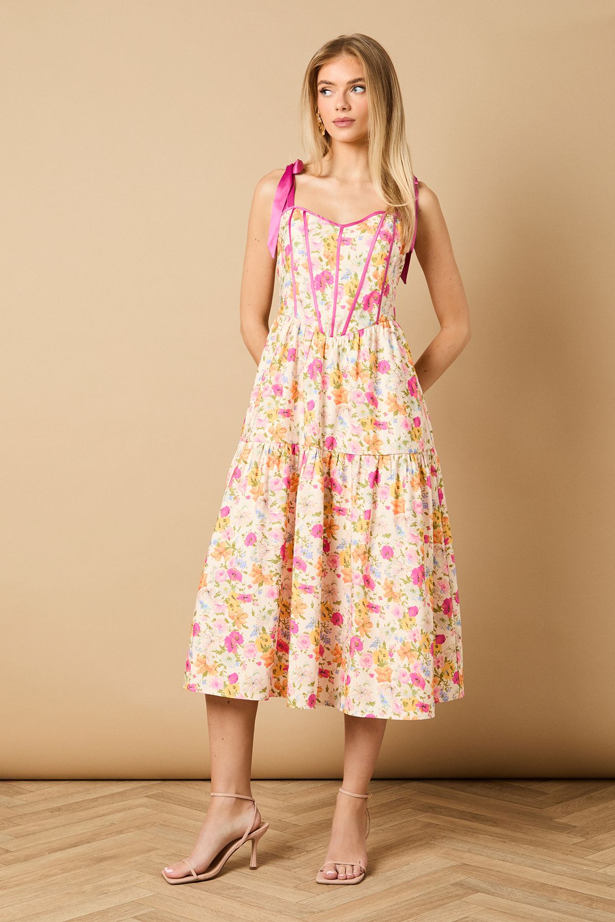 Oasis Corset Detail Bow Tie Strap Midi Dress Ivory image 1