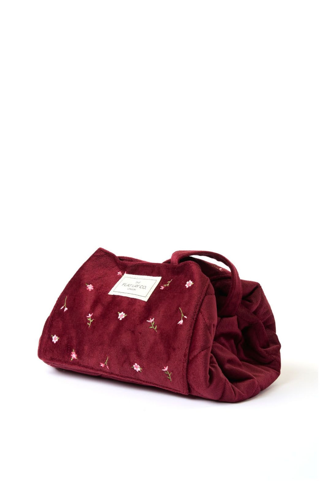 The Flat Lay Co Drawstring Makeup Bag - Ditsy Roses & Flowers Burgundy Embroidered Velvet Multi image 5