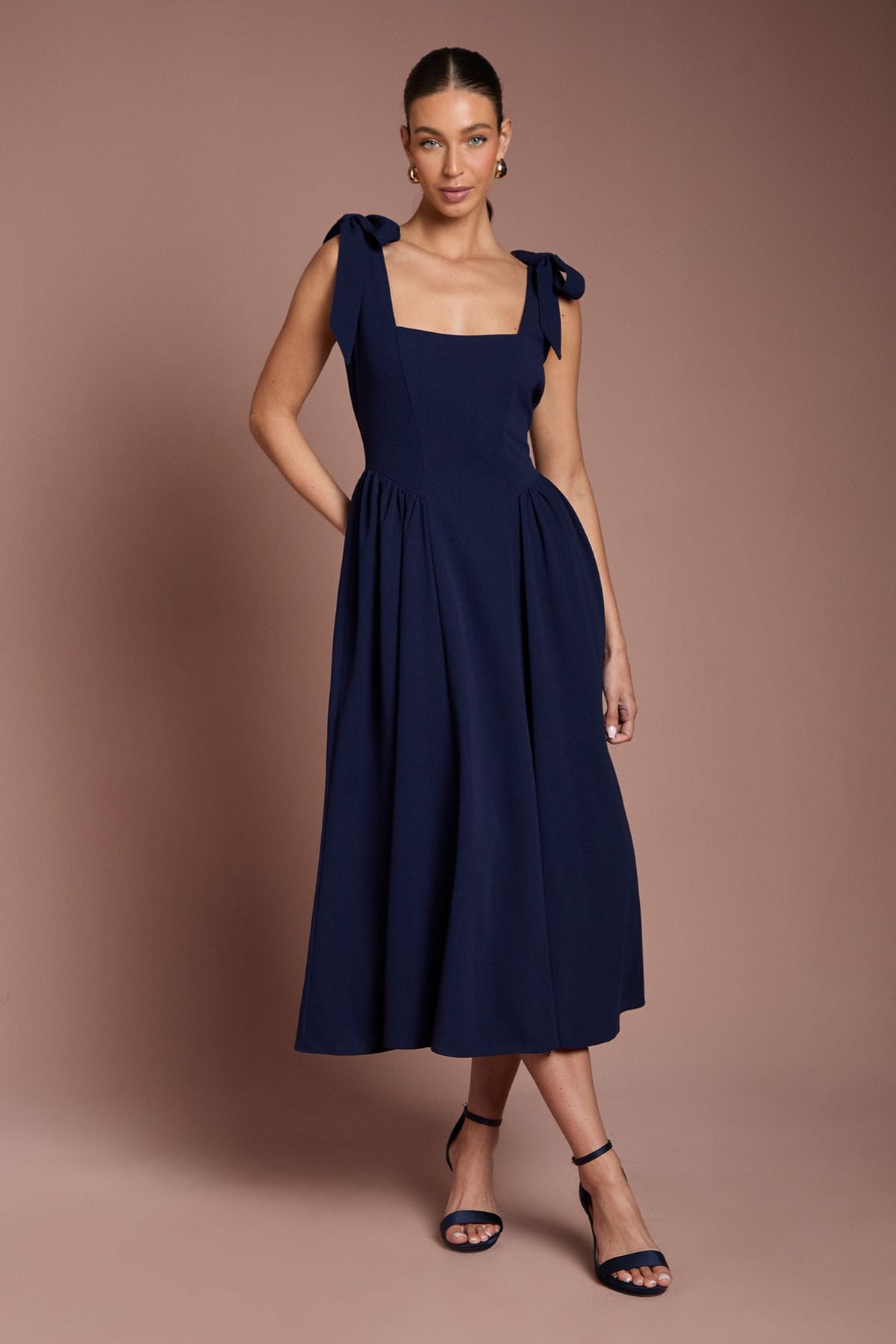 Coast Sleeveless Crepe Midi Dress With Bow Detail Straps Navy image 1