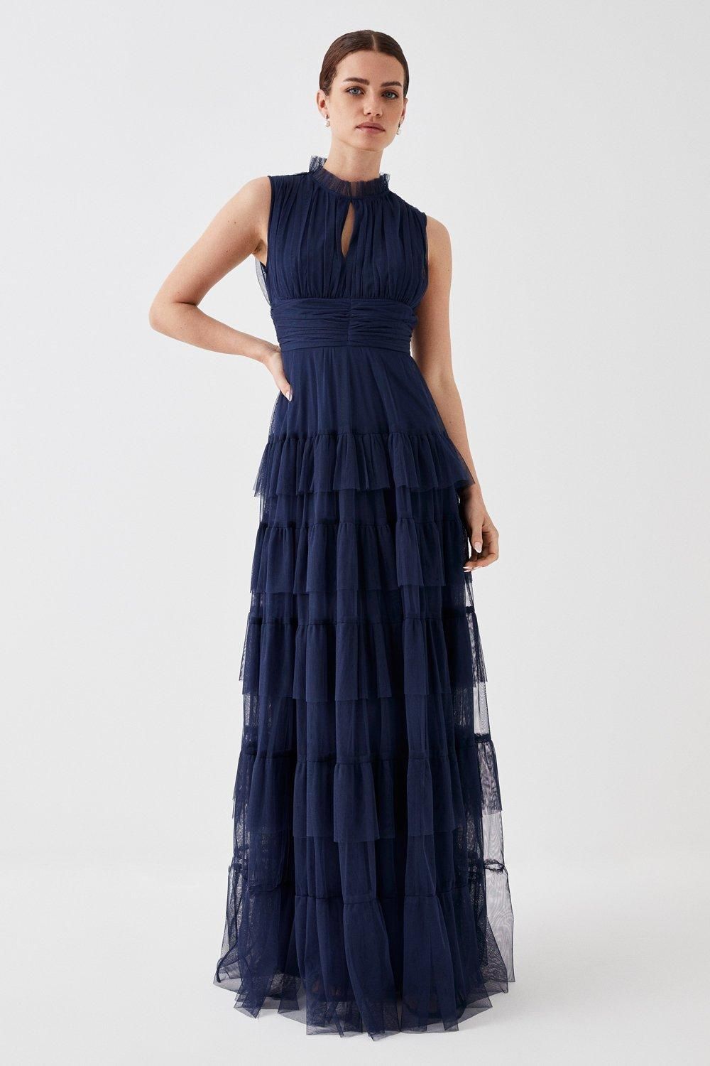 Coast Petite Tulle Tiered Frill Sleeve Bridesmaids Maxi Dress Navy image 1