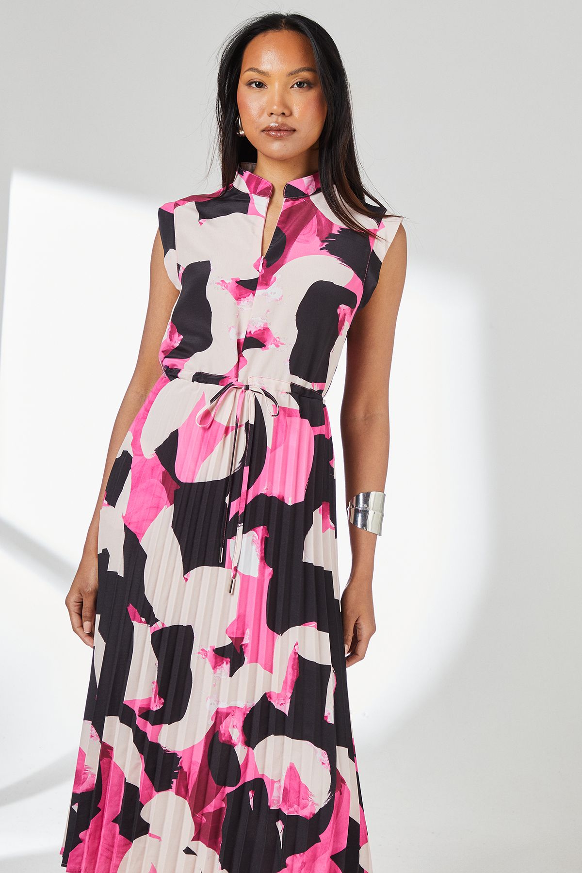 Principles Pink Abstract Print Pleated Skirt Zip Front Midi Dress Pink image 2