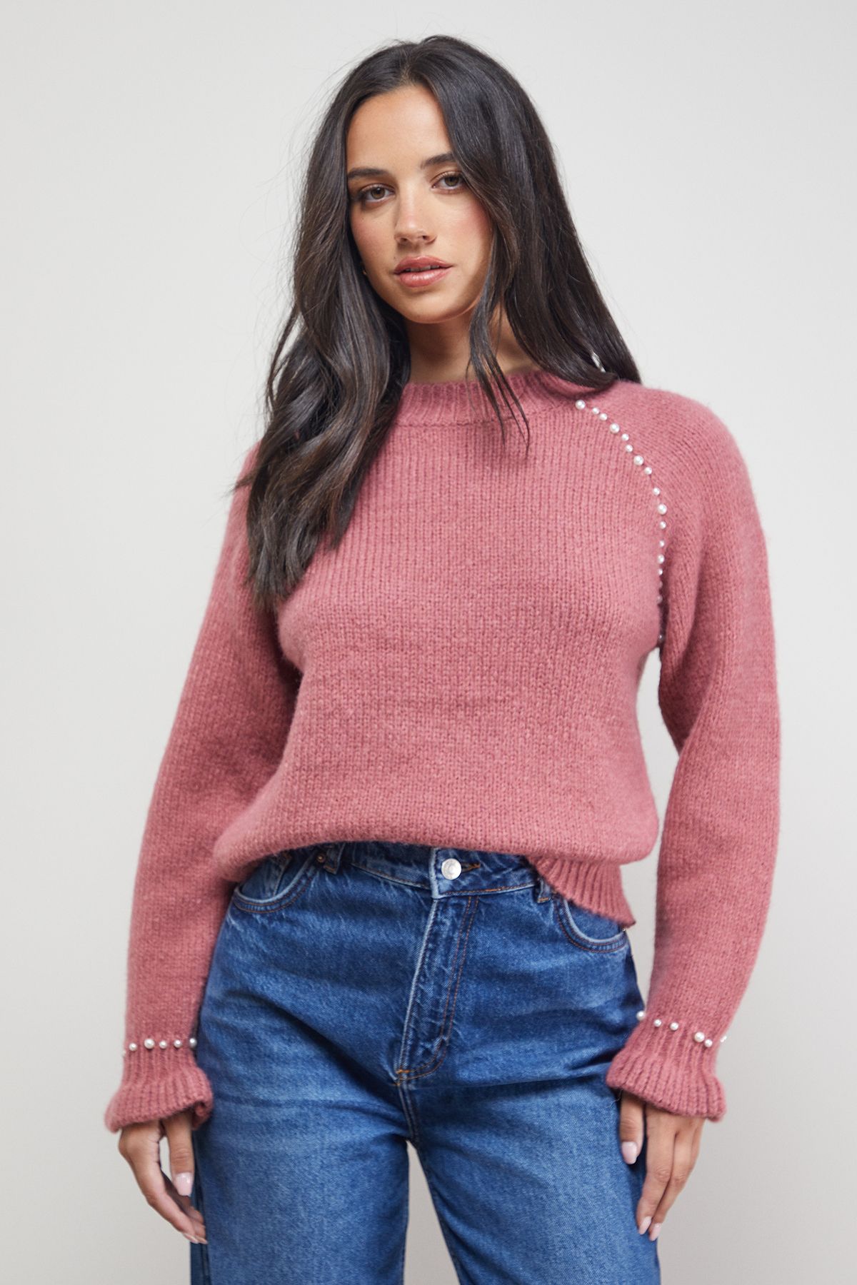 Oasis Pearl Detail Frill Cuff Jumper Rose image 4