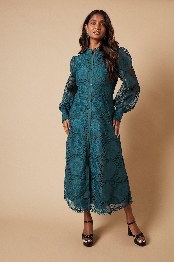 Oasis Premium Organza Lace Trim Midi Shirt Dress Teal
