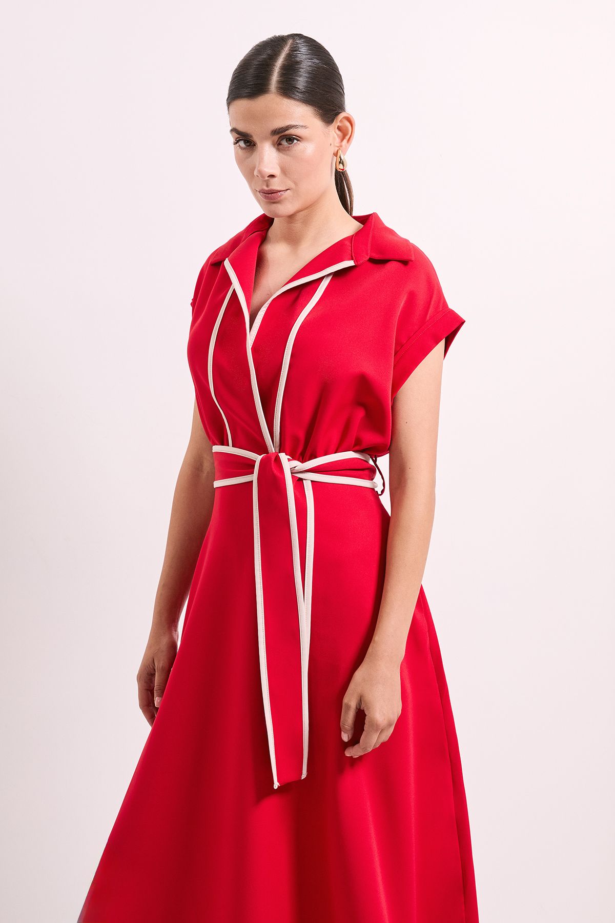 Principles Red Contrast Tie Waist Midi Dress Red image 2