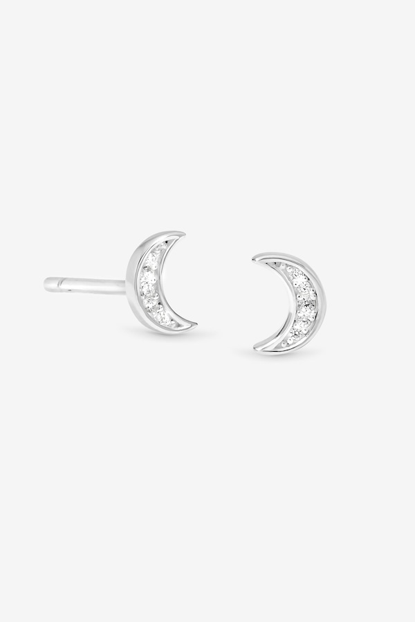 Simply Silver Sterling Silver 925 Mini Pave Crescent Stud Earrings
