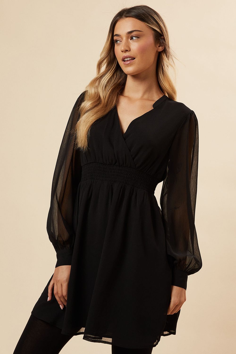 Dorothy Perkins Black Chiffon Long Sleeve Shirred Waist Mini Dress Black image 1