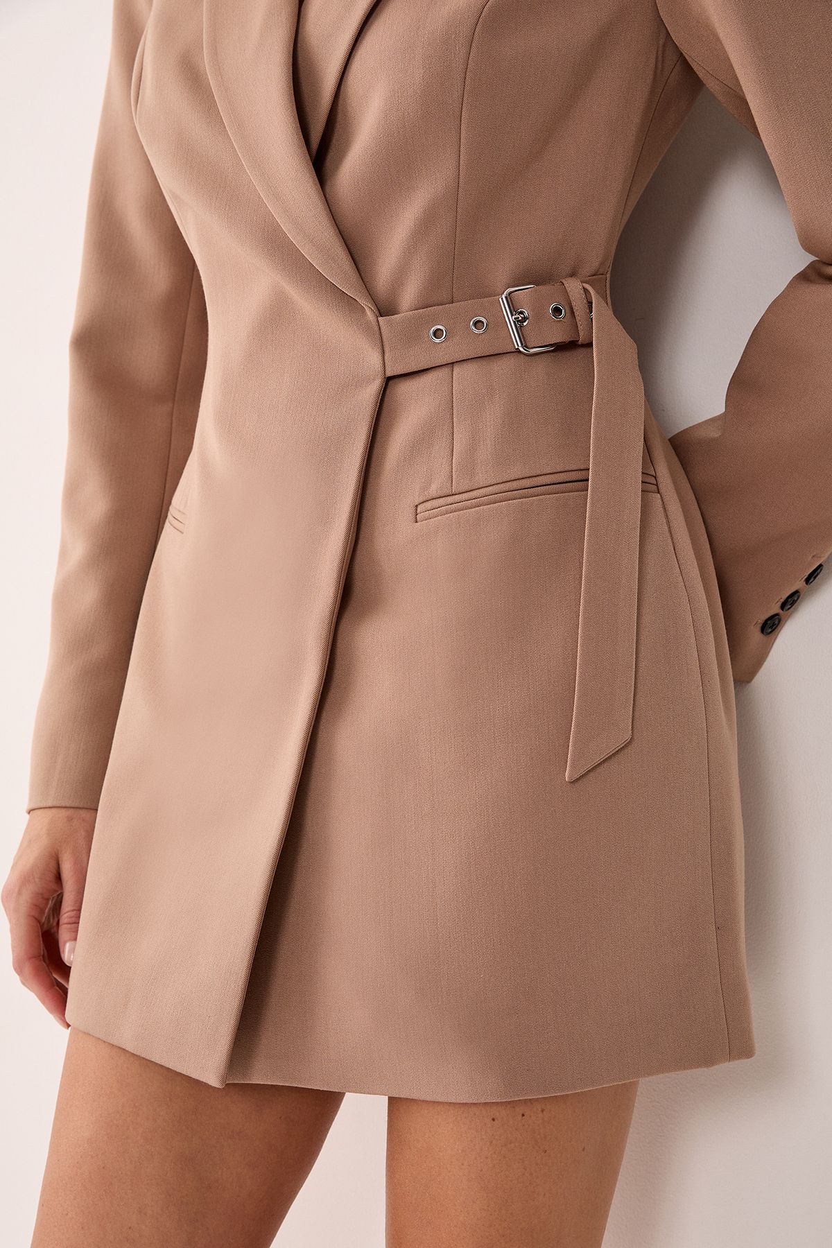 NastyGal Tailored Belted Shoulder Pad Blazer Dress Taupe image 4