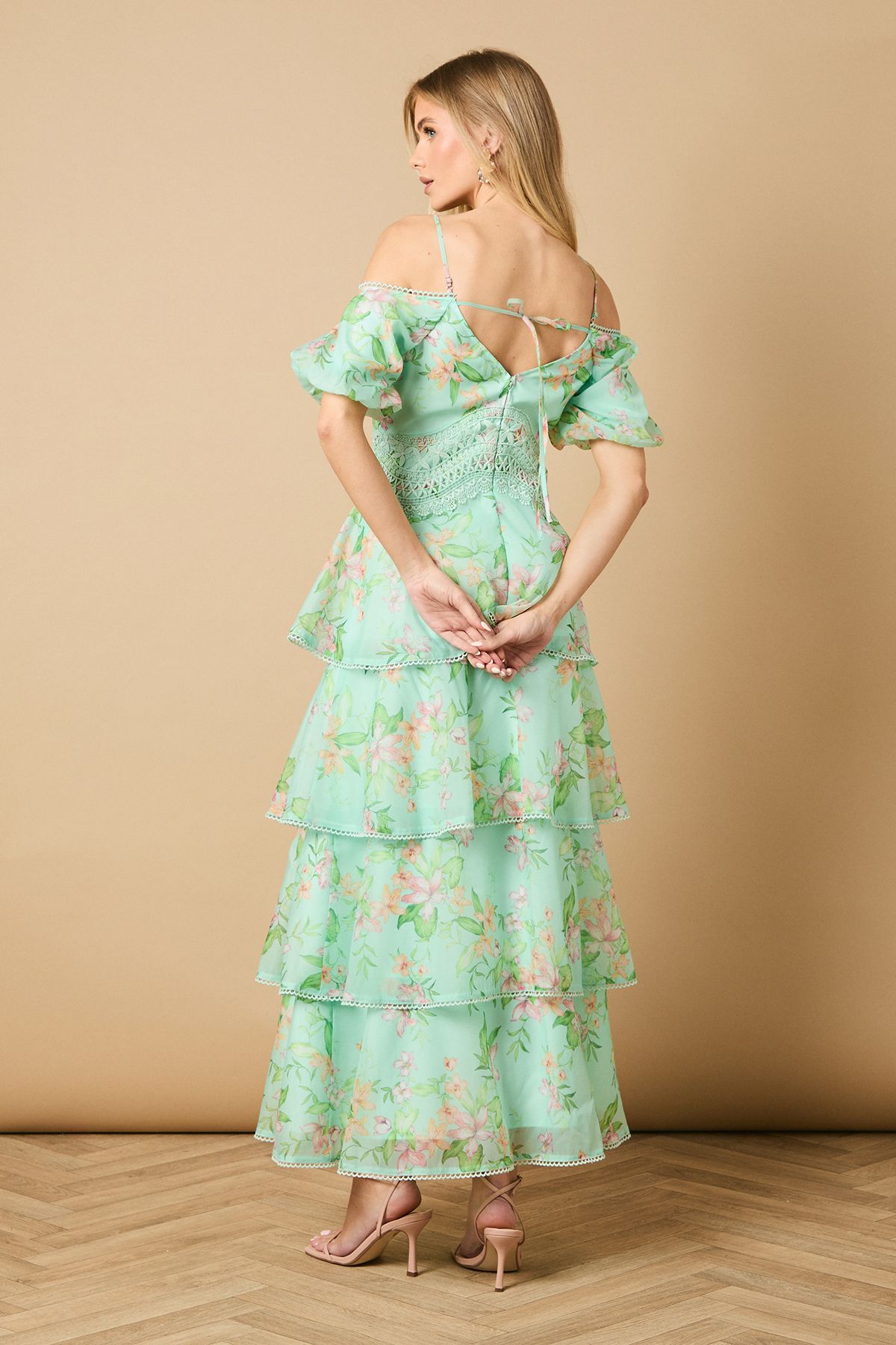 Oasis Lace Trim Tiered Off Shoulder Midi Dress Sage image 4