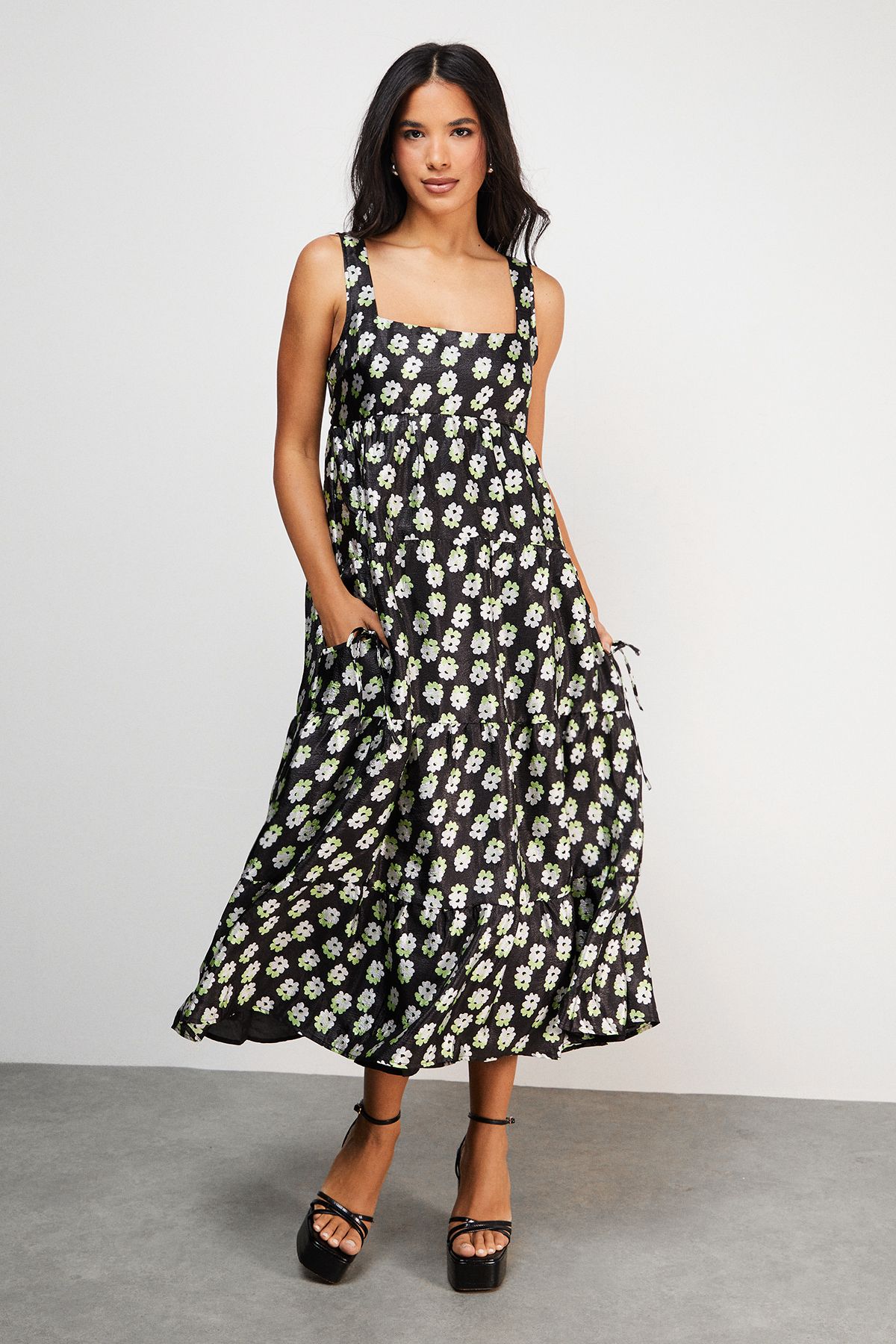 Warehouse Square Neck Smock Midi Dress With Below Pocket Floral
