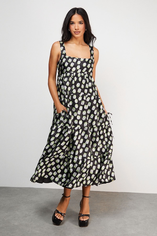 Warehouse Square Neck Smock Midi Dress With Below Pocket Floral