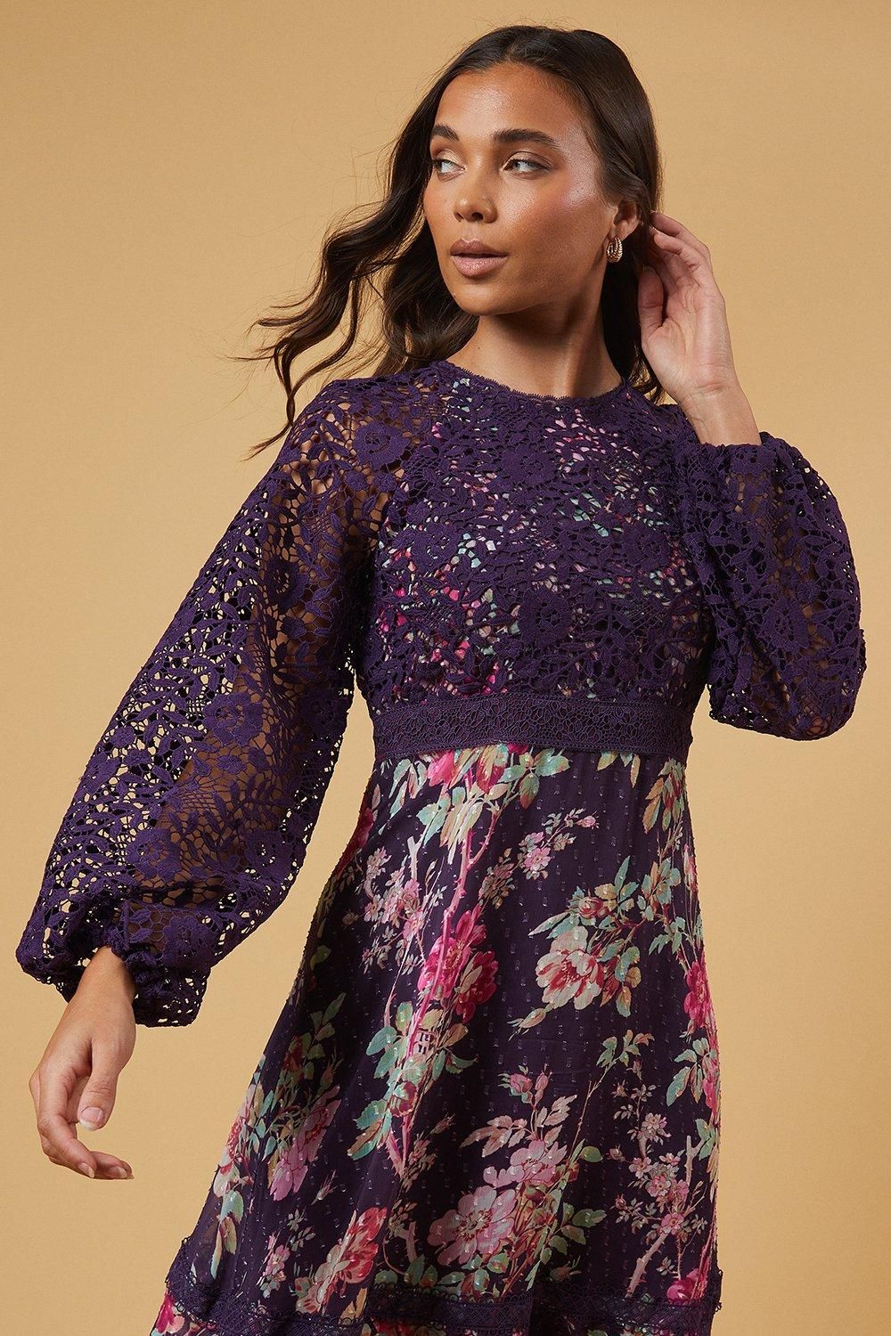 Oasis Petite Occasion Floral Lace Bodice Midi Dress Berry image 4