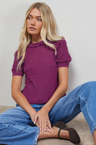 Oasis Puff Sleeve Ruffle Neck Short Sleeve Jumper Plum