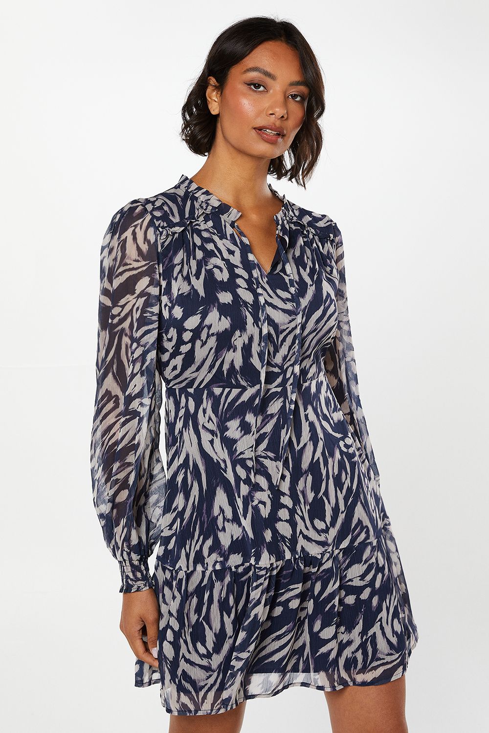 Dorothy Perkins Navy Animal Chiffon Ruffle Hem Long Sleeve Mini Dress Navy image 1