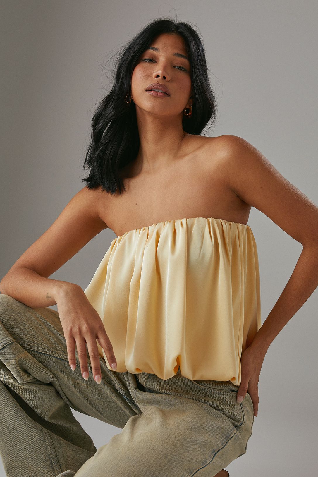 Warehouse Satin Bubble Bandeau Bodysuit Butter