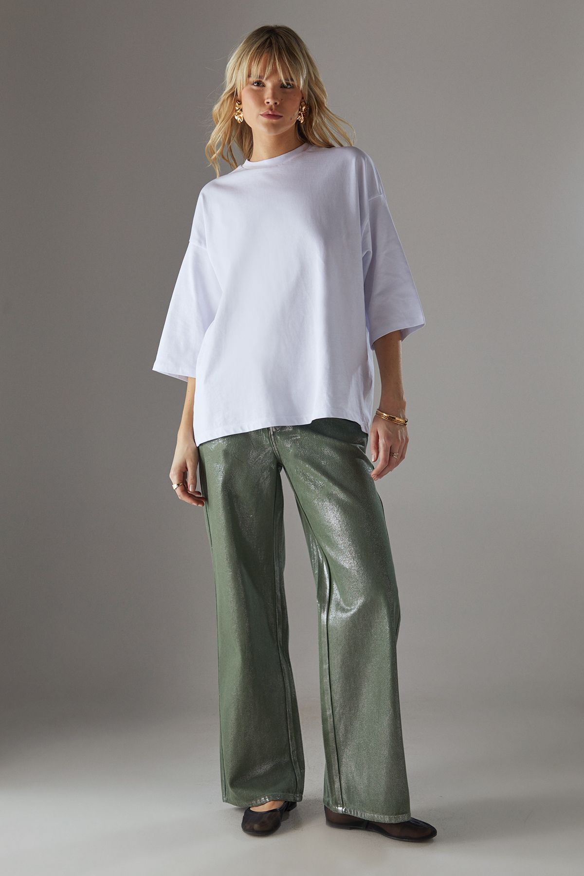 Warehouse Foil Coated High Waist Wide Leg Jeans Khaki image 4