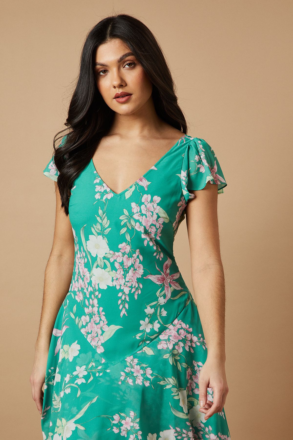 Oasis Floral Printed Chiffon Ruffle Tiered Maxi Dress Green image 2