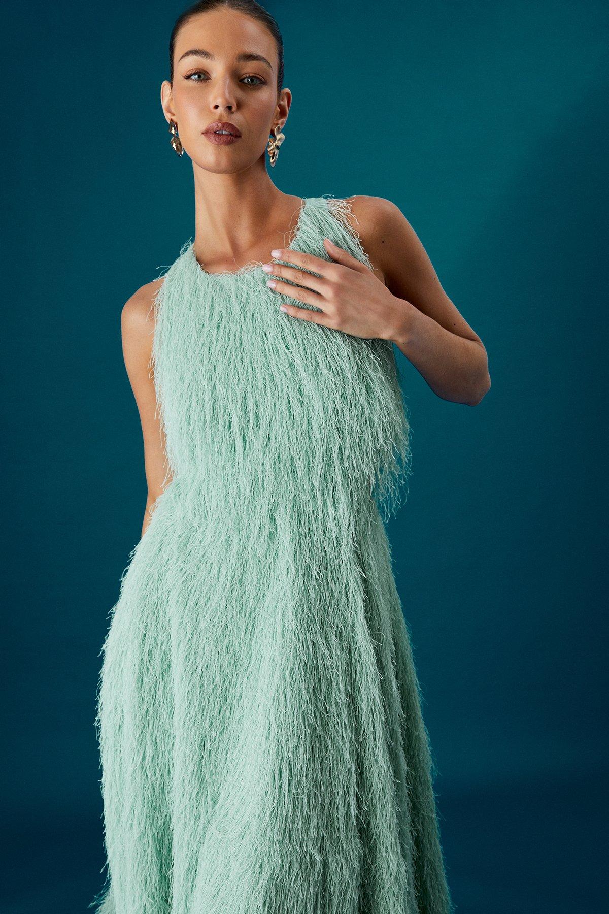 Coast Coast Muse Fringe Halter Neck Tie Back Midi Dress Sage image 2