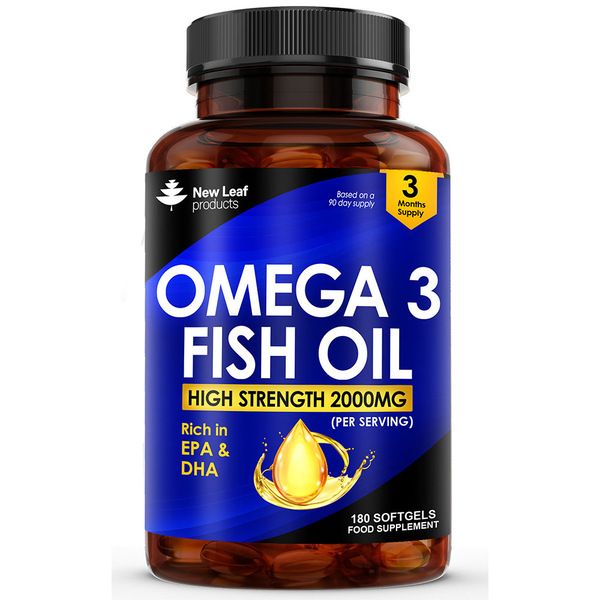 New leaf health Omega 3 2000mg Capsules - High Dose Fish Oil - Enriched with Vitamin E - One A Day Pure Fish Oil Gel Capsule - Helps Maintain Healthy Eyes, Brain Function, & Skin - GMO-Free, GMP, & UK Made