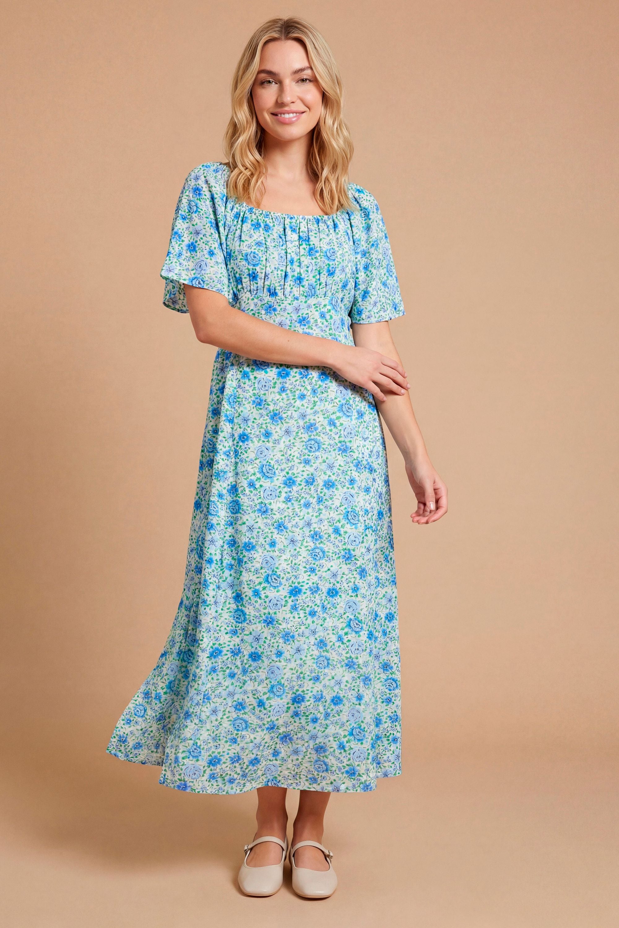 Dorothy Perkins Angel Sleeve Full Skirt Printed Midi Tea Dress Blue