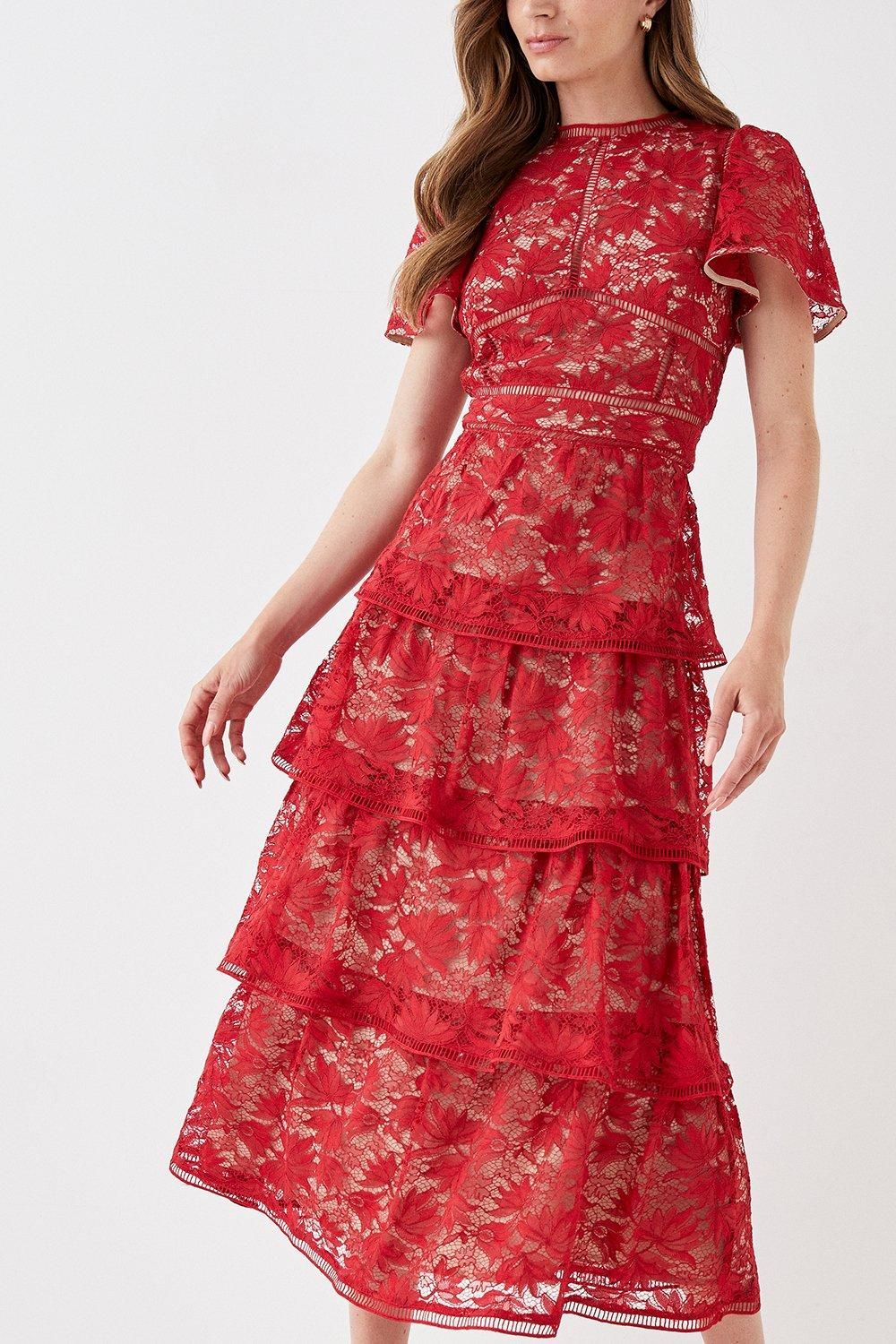 Coast Tiered Lace Dress With Flutter Sleeve & Trims Red image 2